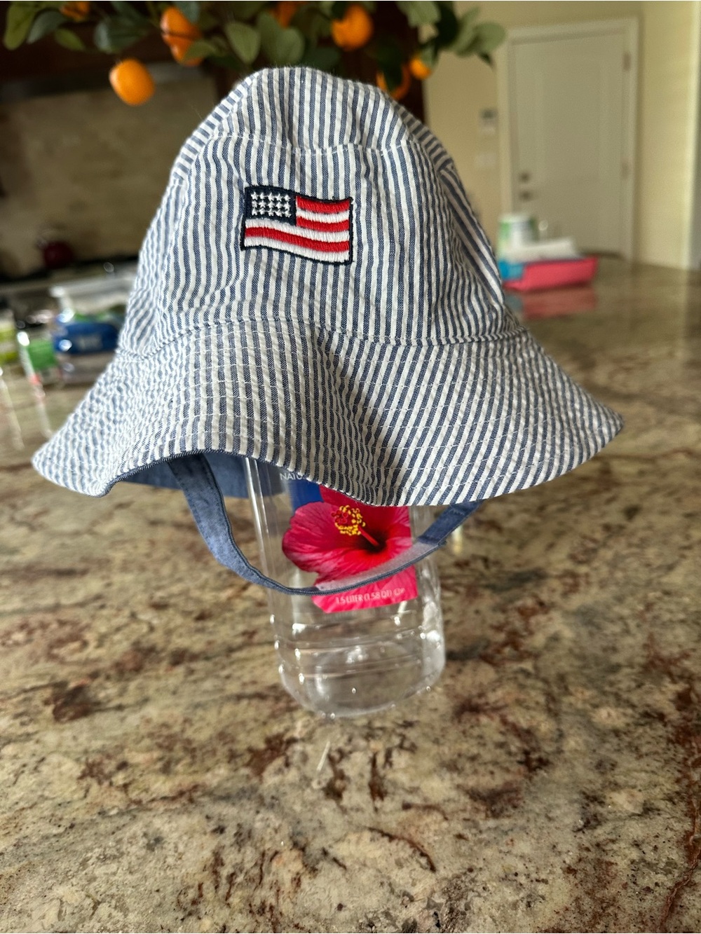 NEW - Wee Ones Blue and White Striped Sun Hat with Flag Patch